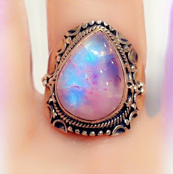 Pink Rainbow Moonstone Sterling Silver Gemstone Ring